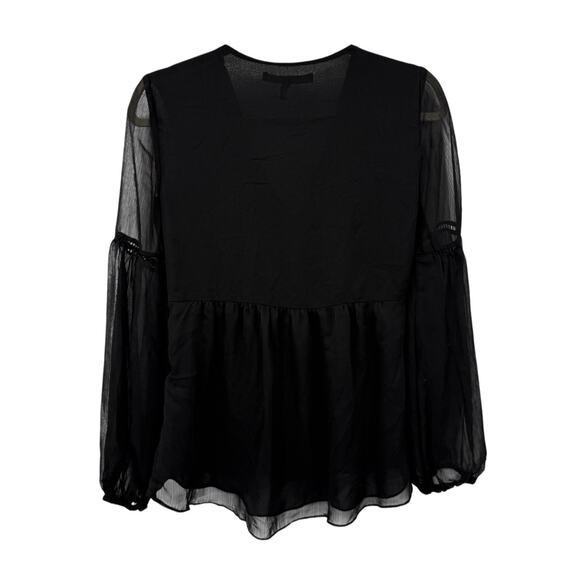 WHBM Black Floral Embroidered Chiffon Top XS Boho Fairy Bell Sleeve V Neck Sheer - Picture 7 of 10